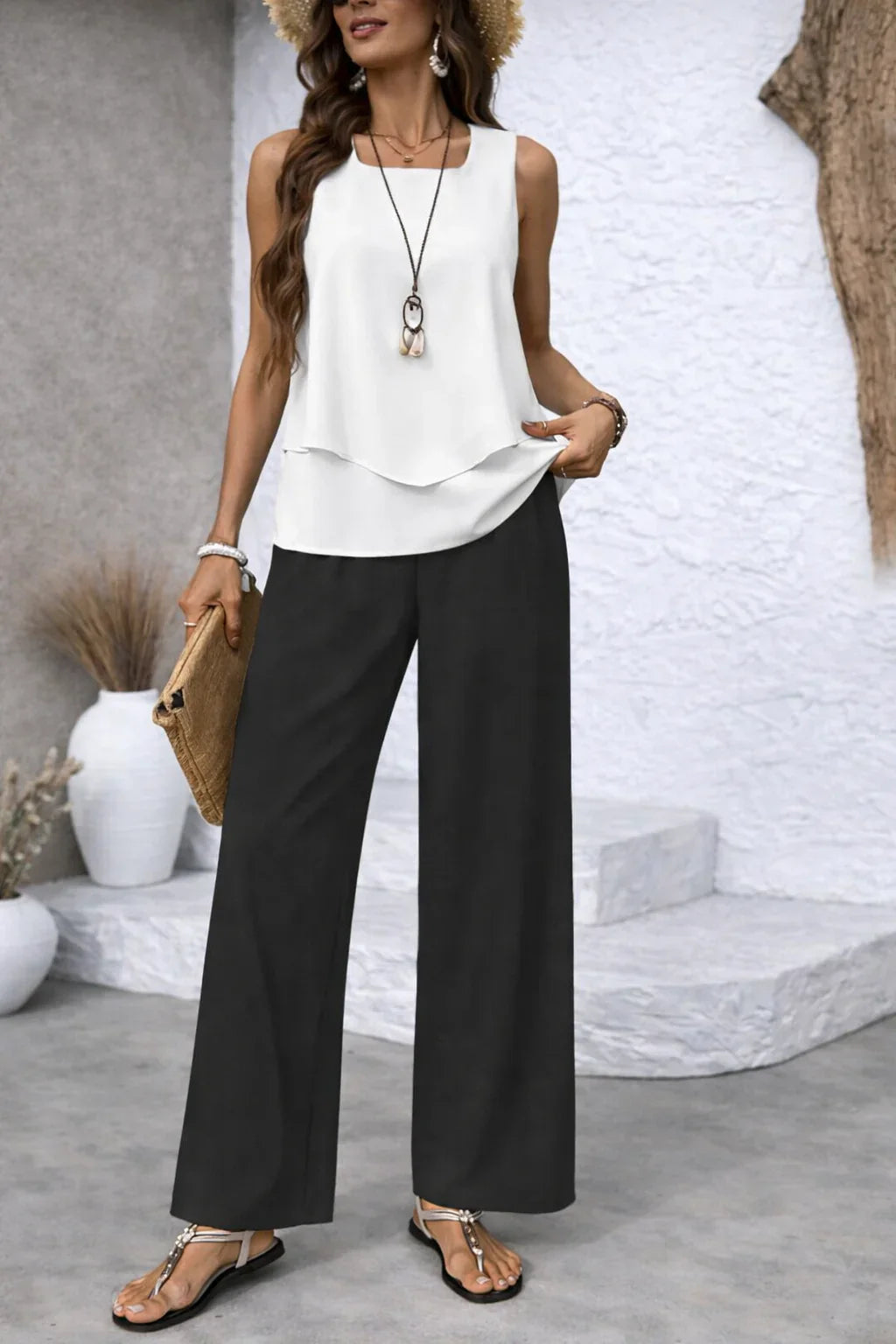 VALEN | Conjunto de 2 piezas: blusa sin mangas y pantalón palazzo