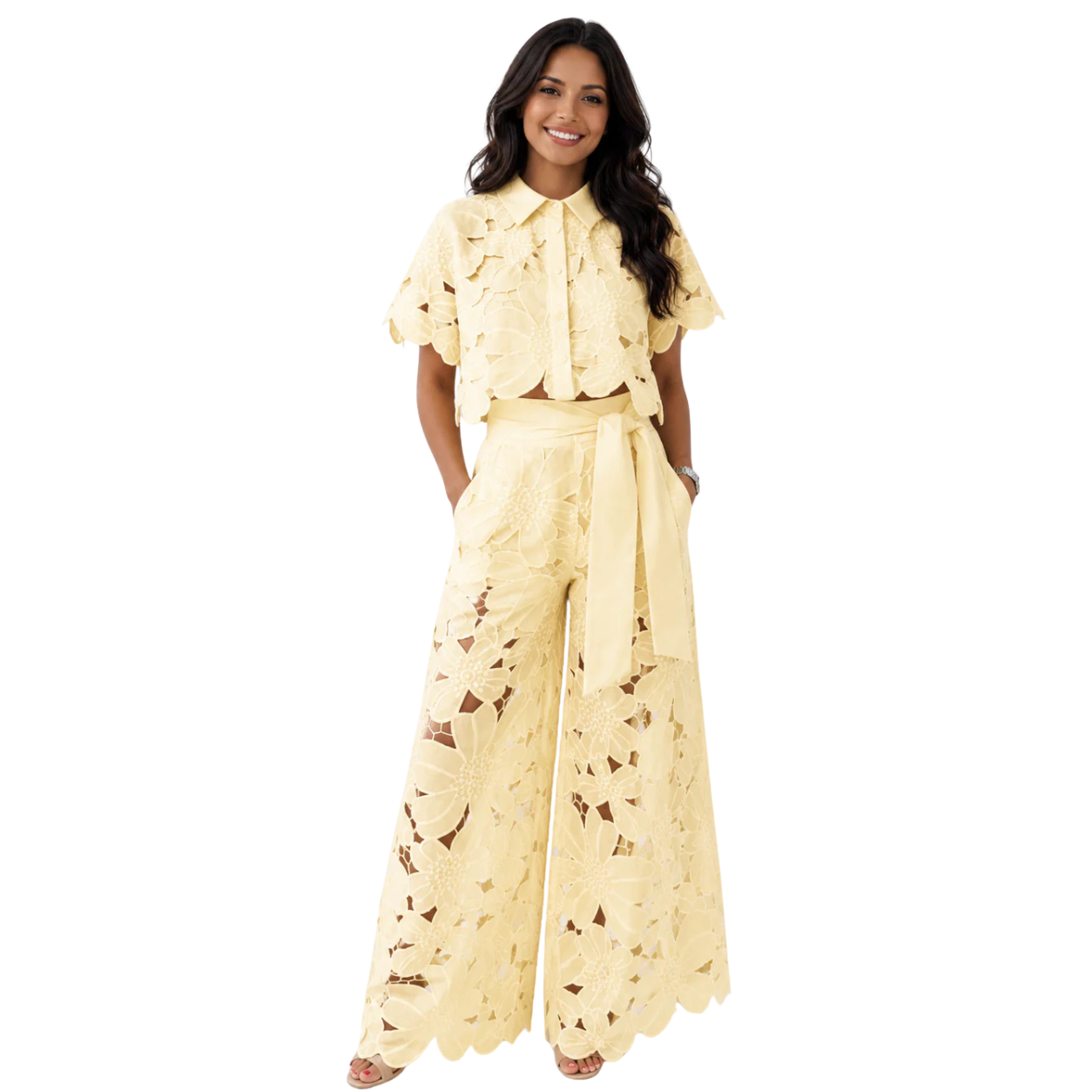 ODISEA | Conjunto de 2 Piezas Blusa Bordada de Encaje y Pantalón Calado