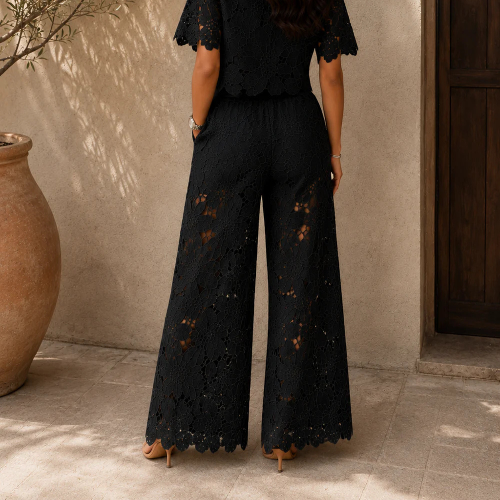ODISEA | Conjunto de 2 Piezas Blusa Bordada de Encaje y Pantalón Calado