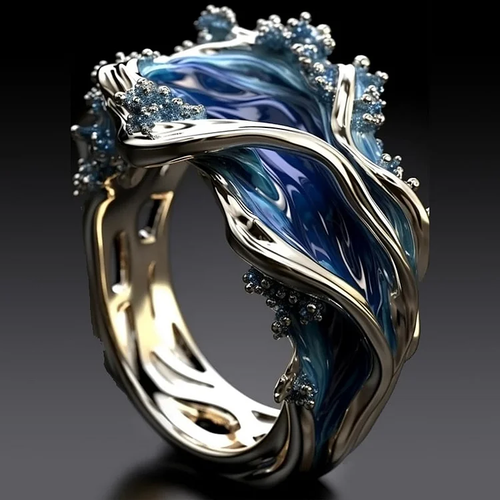 Anillo vintage dorado con olas del mar